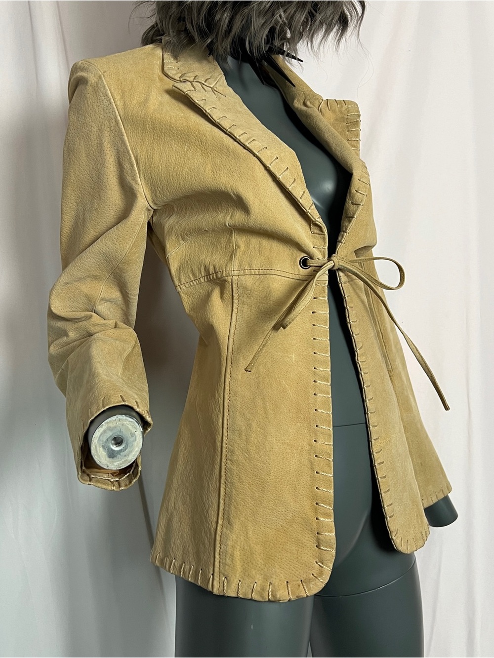 Vintage 90s Joe Boxer Tan Suede Leather Whipstitch Tie Front Jacket